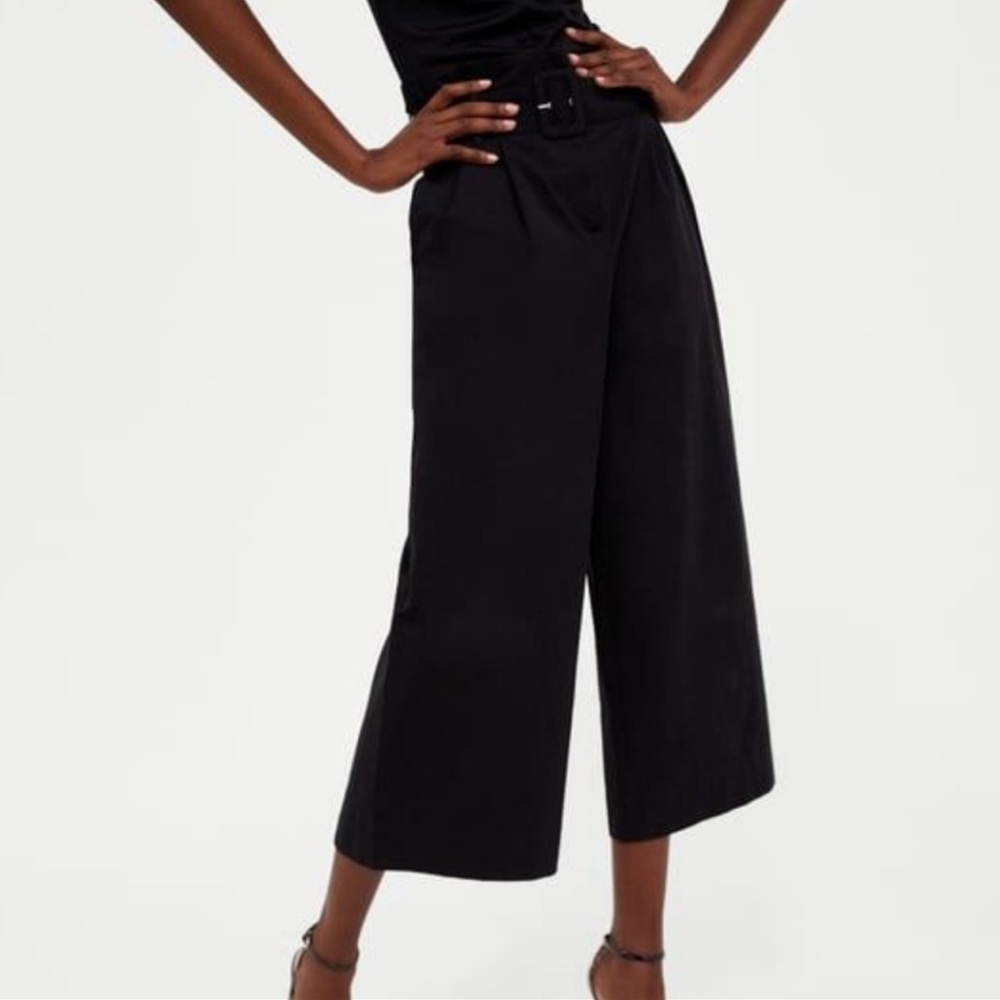 Zara belted high rise paper bag wide leg c…